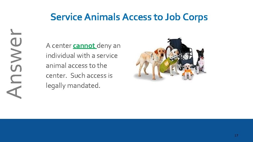 Answer Service Animals Access to Job Corps A center cannot deny an individual with