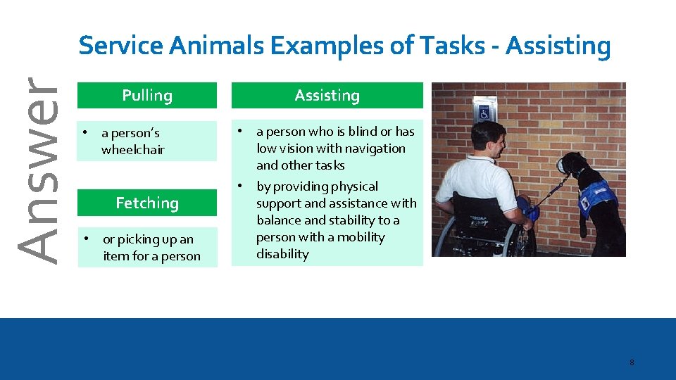 Answer Service Animals Examples of Tasks - Assisting Pulling • a person’s wheelchair Fetching