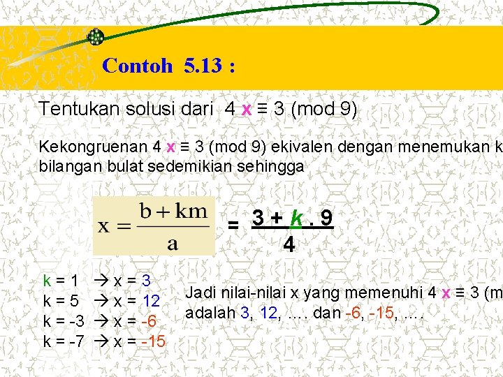 Contoh 5. 13 : Tentukan solusi dari 4 x ≡ 3 (mod 9) Kekongruenan