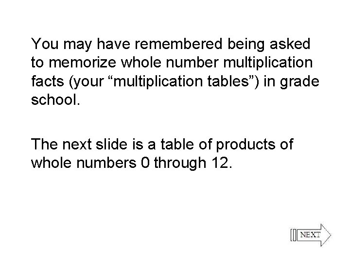 You may have remembered being asked to memorize whole number multiplication facts (your “multiplication