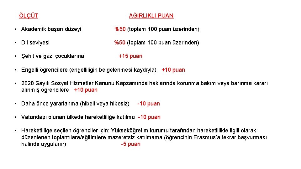 ÖLÇÜT AĞIRLIKLI PUAN • Akademik başarı düzeyi %50 (toplam 100 puan üzerinden) • Dil