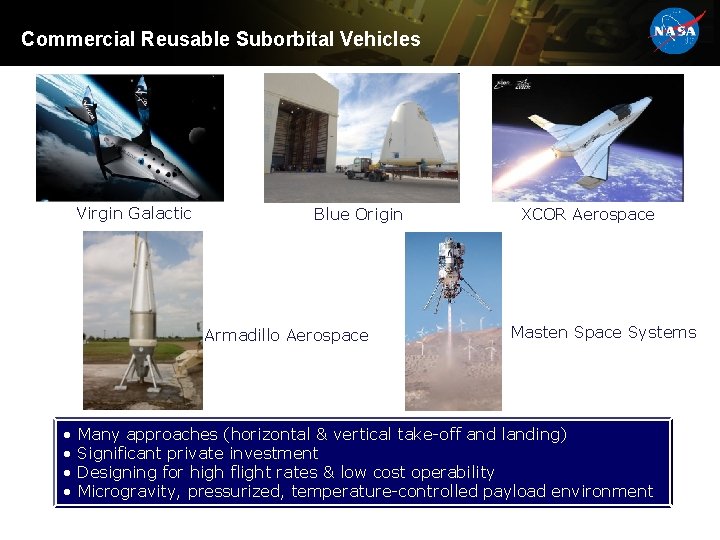 Commercial Reusable Suborbital Vehicles Virgin Galactic Blue Origin Armadillo Aerospace • • XCOR Aerospace