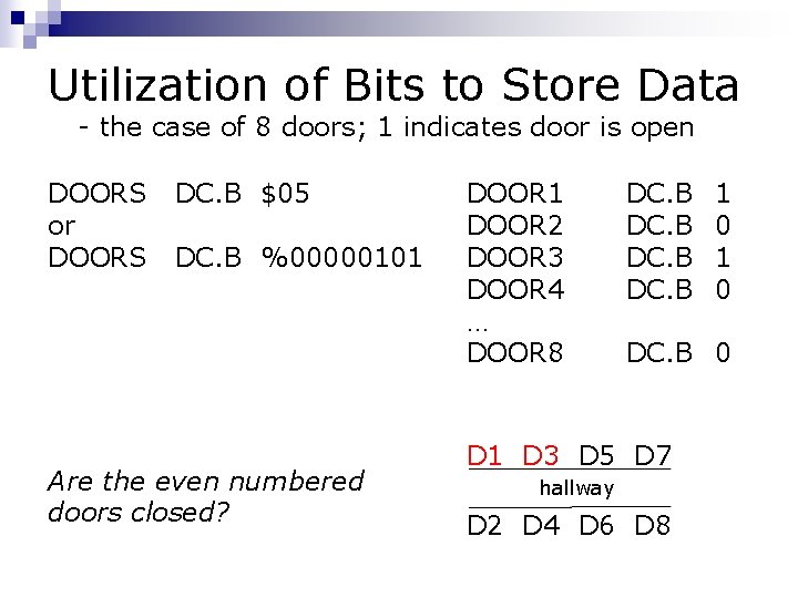 Utilization of Bits to Store Data - the case of 8 doors; 1 indicates