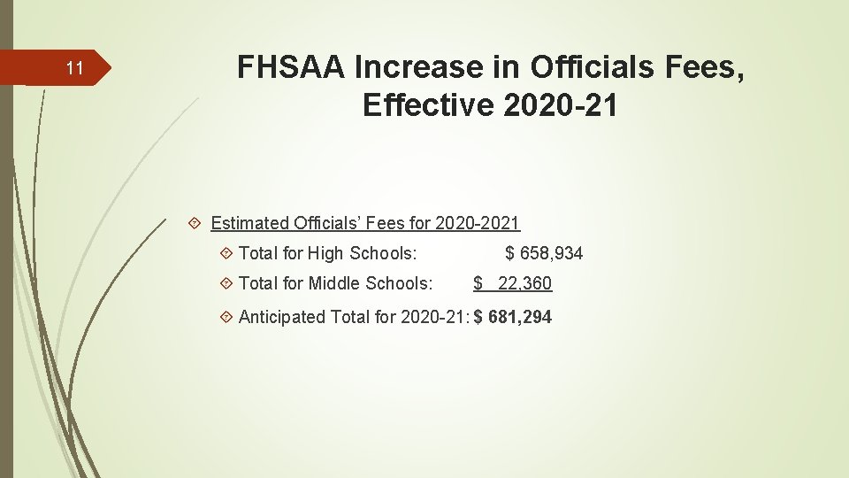 11 FHSAA Increase in Officials Fees, Effective 2020 -21 Estimated Officials’ Fees for 2020