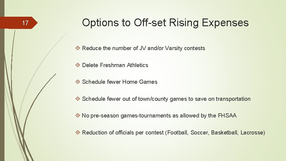 17 Options to Off-set Rising Expenses Reduce the number of JV and/or Varsity contests