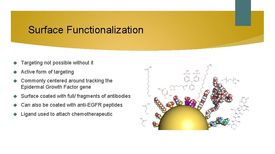 Surface Functionalization Targeting not possible without it Active form of targeting Commonly centered around
