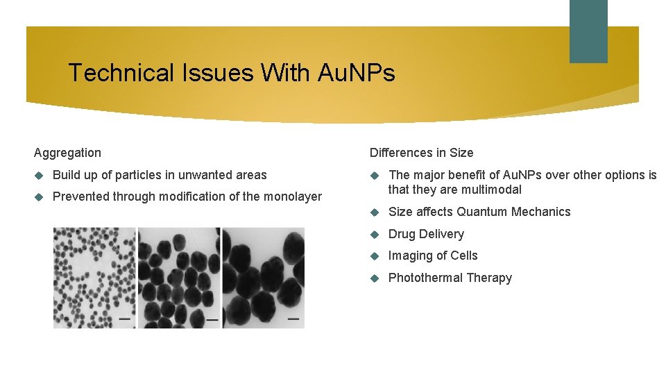 Technical Issues With Au. NPs Aggregation Build up of particles in unwanted areas Prevented