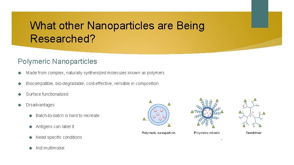 What other Nanoparticles are Being Researched? Polymeric Nanoparticles Made from complex, naturally synthesized molecules