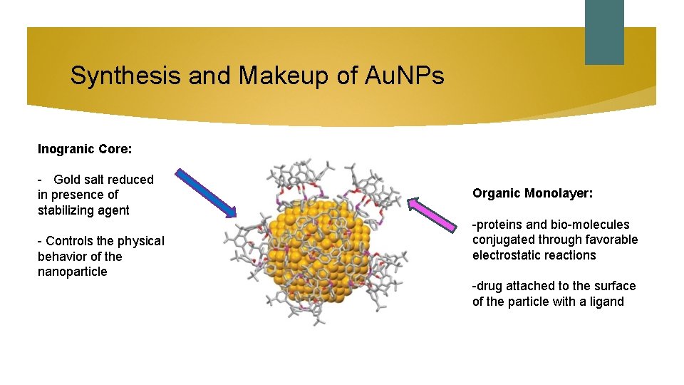 Synthesis and Makeup of Au. NPs Inogranic Core: - Gold salt reduced in presence