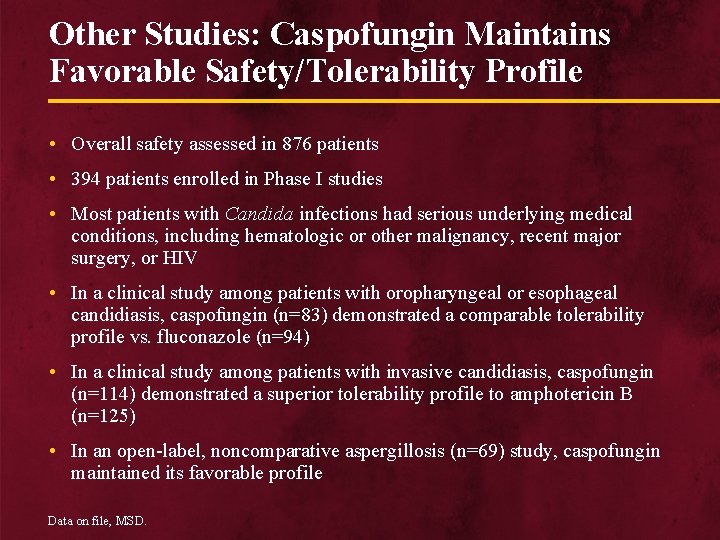 Other Studies: Caspofungin Maintains Favorable Safety/Tolerability Profile • Overall safety assessed in 876 patients