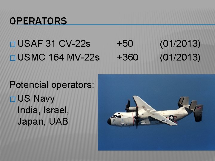 OPERATORS � USAF 31 CV-22 s � USMC 164 MV-22 s Potencial operators: �