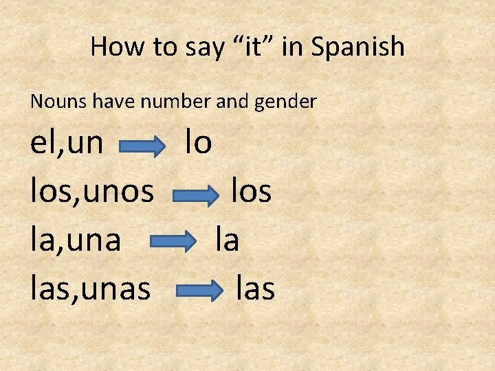 How to say “it” in Spanish Nouns have number and gender el, un lo