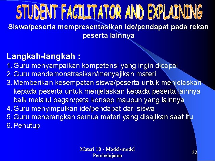 Siswa/peserta mempresentasikan ide/pendapat pada rekan peserta lainnya Langkah-langkah : 1. Guru menyampaikan kompetensi yang