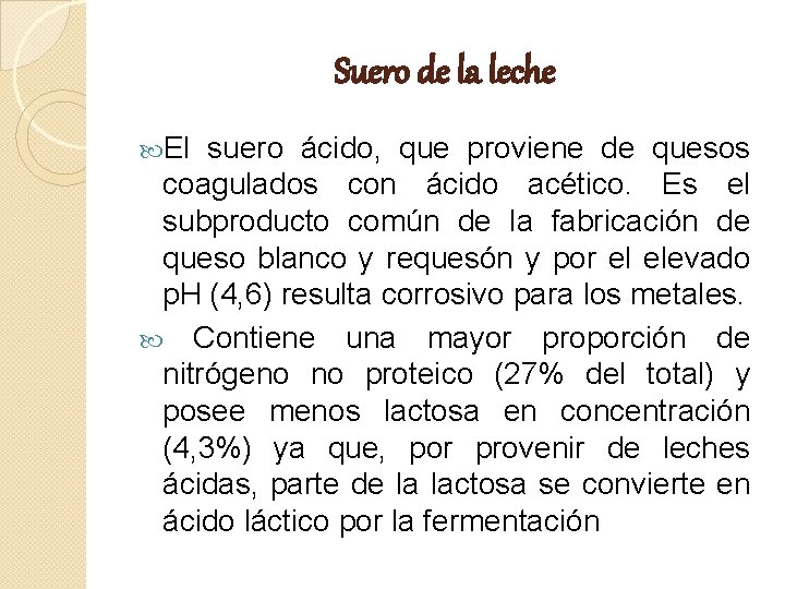 Suero de la leche El suero ácido, que proviene de quesos coagulados con ácido