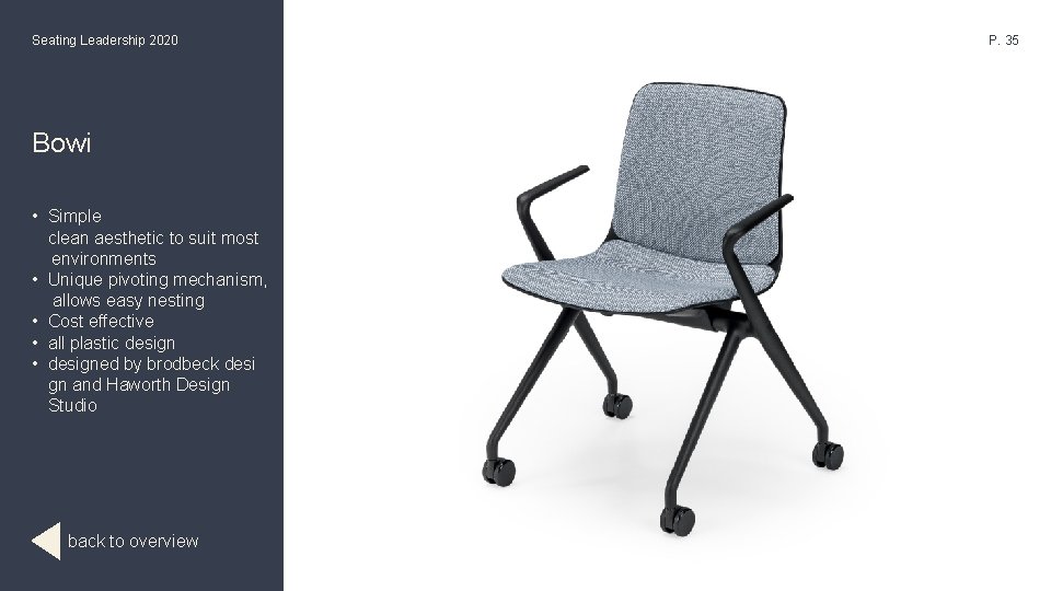 Seating Leadership 2020 Bowi • Simple clean aesthetic to suit most environments • Unique