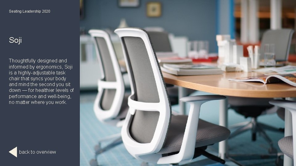 Seating Leadership 2020 Soji Thoughtfully designed and informed by ergonomics, Soji is a highly-adjustable