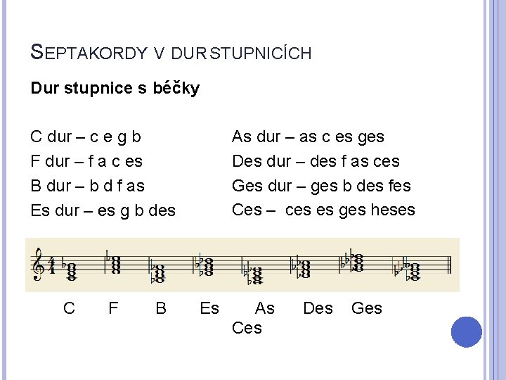 SEPTAKORDY V DUR STUPNICÍCH Dur stupnice s béčky C dur – c e g