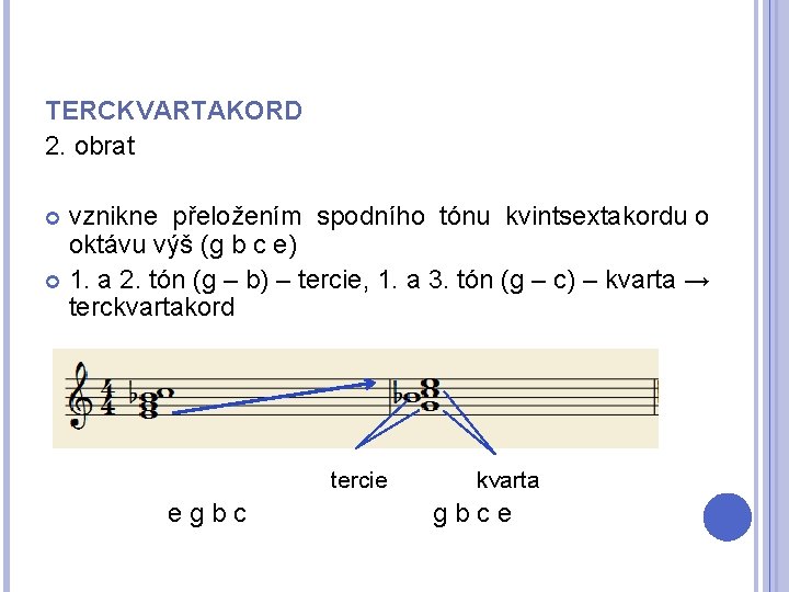 TERCKVARTAKORD 2. obrat vznikne přeložením spodního tónu kvintsextakordu o oktávu výš (g b c