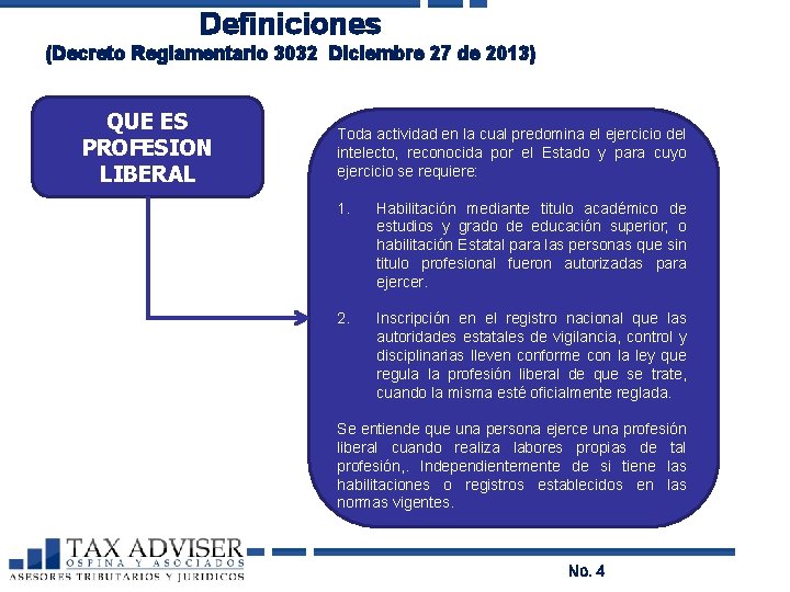 Definiciones (Decreto Reglamentario 3032 Diciembre 27 de 2013) QUE ES PROFESION LIBERAL Toda actividad