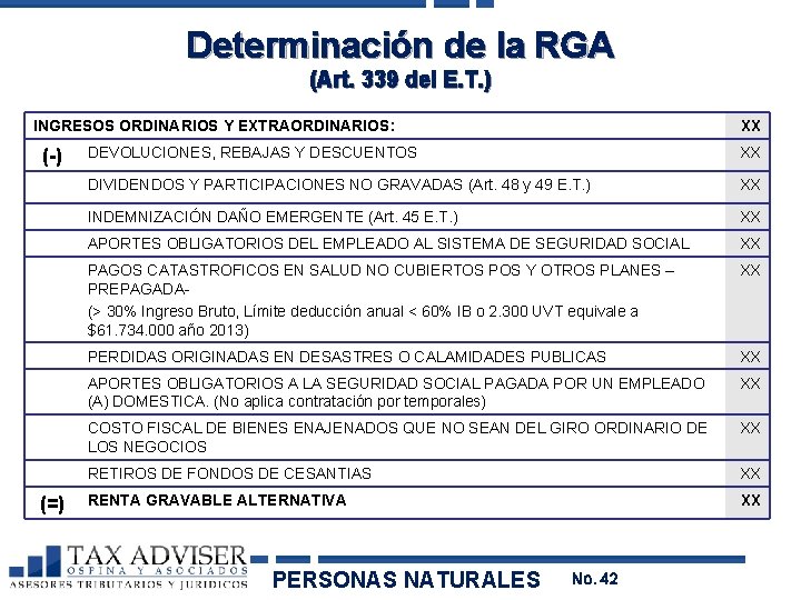 Determinación de la RGA (Art. 339 del E. T. ) INGRESOS ORDINARIOS Y EXTRAORDINARIOS:
