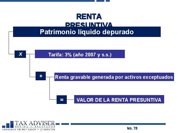 RENTA PRESUNTIVA Patrimonio líquido depurado X Tarifa: 3% (año 2007 y s. s. )