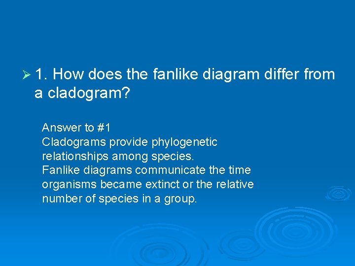 Ø 1. How does the fanlike diagram differ from a cladogram? Answer to #1