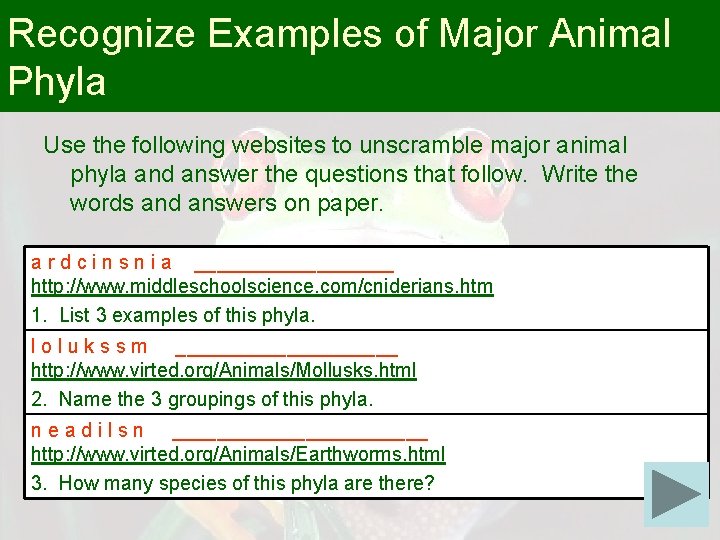 Recognize Examples of Major Animal Phyla Use the following websites to unscramble major animal