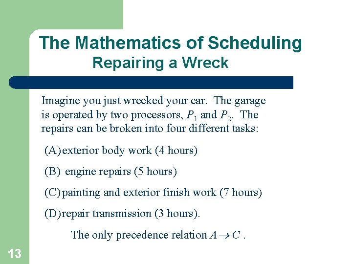 The Mathematics of Scheduling Repairing a Wreck Imagine you just wrecked your car. The