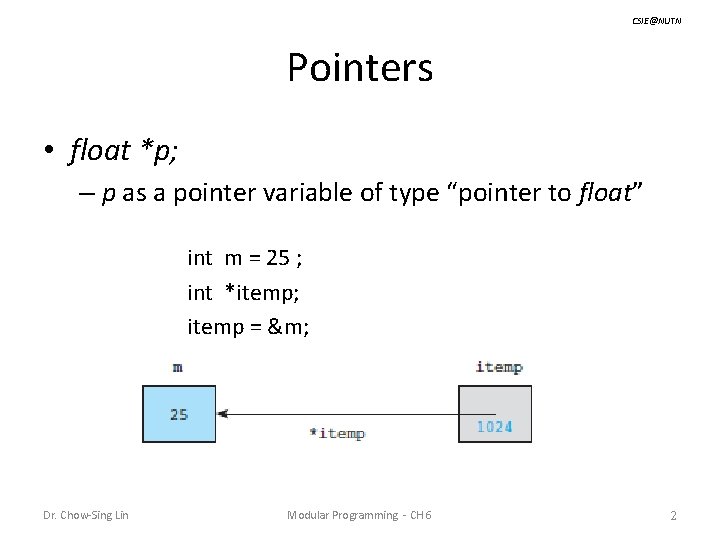 CSIE@NUTN Pointers • float *p; – p as a pointer variable of type “pointer