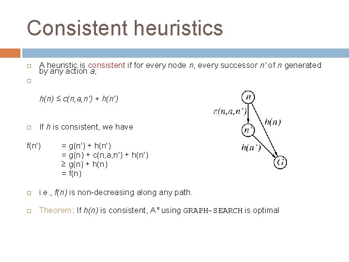 Consistent heuristics A heuristic is consistent if for every node n, every successor n'