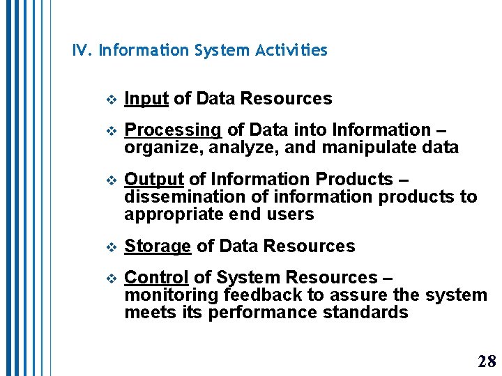 IV. Information System Activities v Input of Data Resources v Processing of Data into
