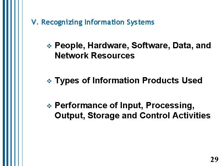 V. Recognizing Information Systems v People, Hardware, Software, Data, and Network Resources v Types