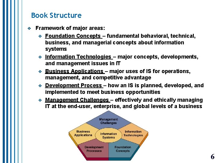 Book Structure v Framework of major areas: v Foundation Concepts – fundamental behavioral, technical,