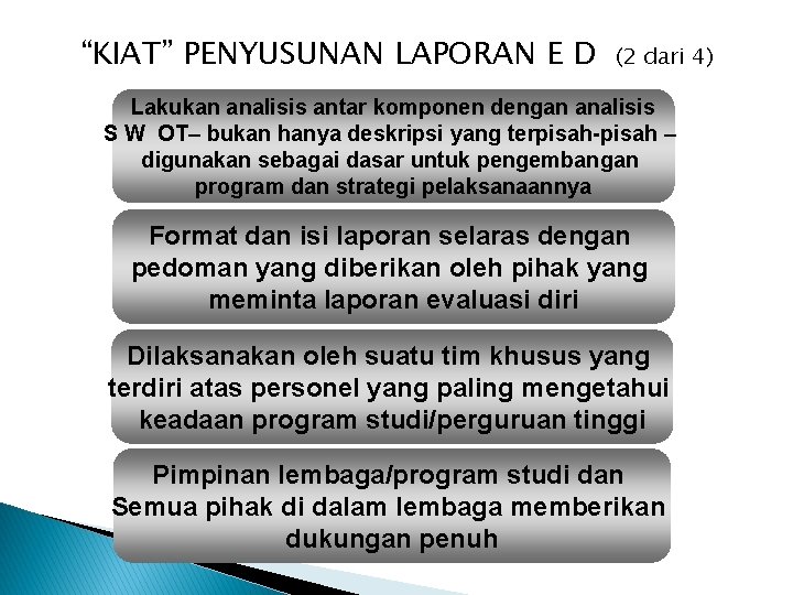 “KIAT” PENYUSUNAN LAPORAN E D (2 dari 4) Lakukan analisis antar komponen dengan analisis