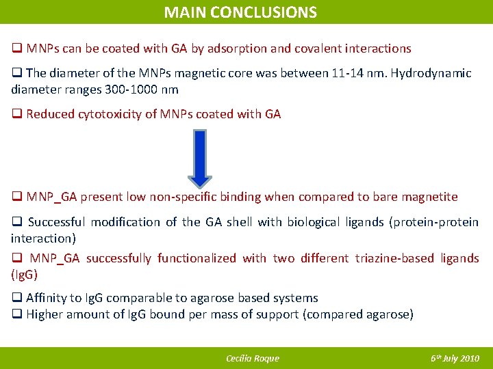 MAIN CONCLUSIONS q MNPs can be coated with GA by adsorption and covalent interactions