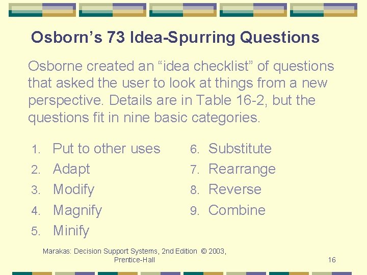 Osborn’s 73 Idea-Spurring Questions Osborne created an “idea checklist” of questions that asked the