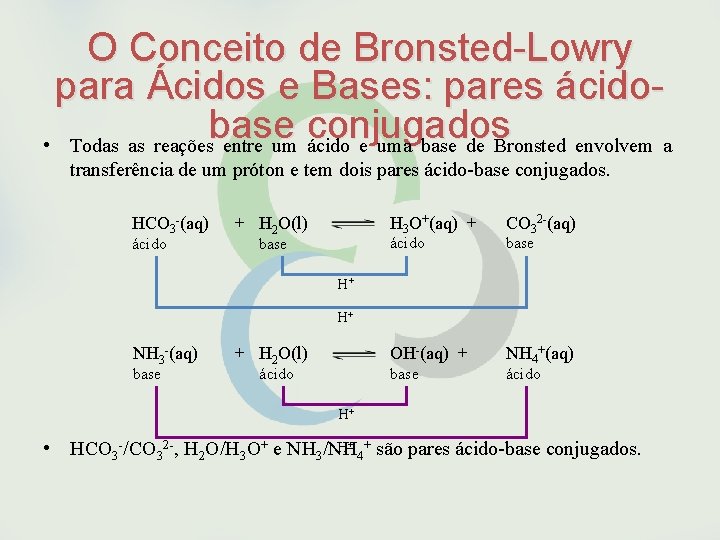 O Conceito de Bronsted-Lowry para Ácidos e Bases: pares ácidobase conjugados • Todas as