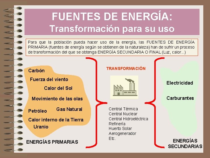 FUENTES DE ENERGÍA: Transformación para su uso Para que la población pueda hacer uso
