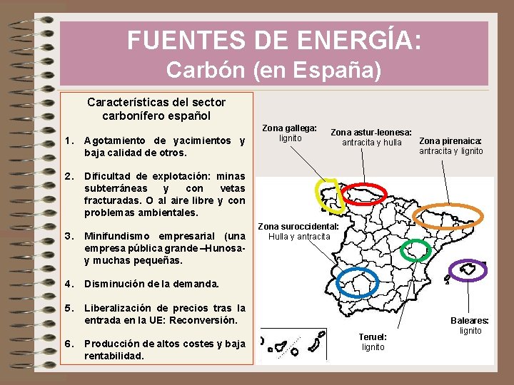 FUENTES DE ENERGÍA: Carbón (en España) Características del sector carbonífero español 1. Agotamiento de