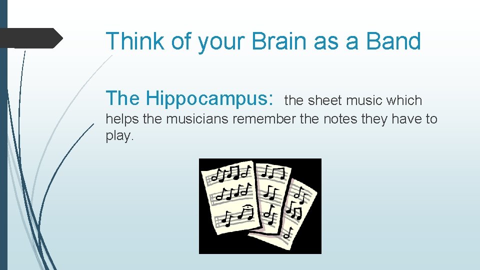 Think of your Brain as a Band The Hippocampus: the sheet music which helps