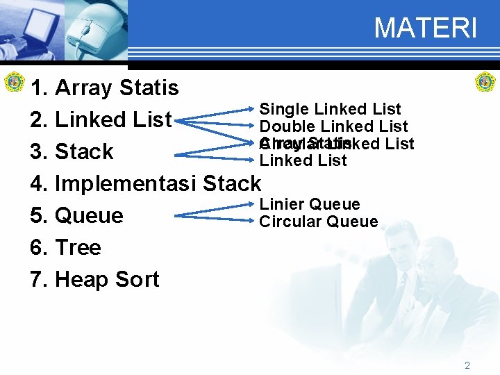 MATERI 1. Array Statis Single Linked List 2. Linked List Double Linked List Array