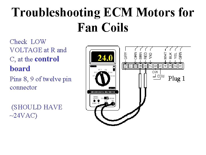 Troubleshooting ECM Motors for Fan Coils Check LOW VOLTAGE at R and C, at
