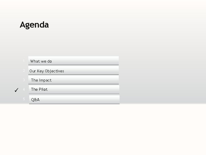 Agenda ✓ 1 What we do 2 Our Key Objectives 3 The Impact 4