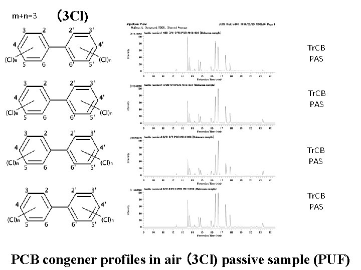 m+n=3 （3 Cl) Tr. CB PAS PCB congener profiles in air （3 Cl) passive
