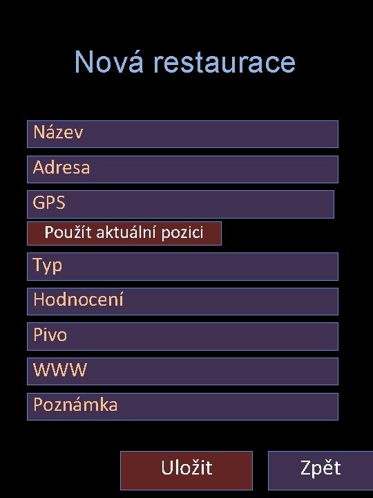 Nastaveni – Restaurace Nova Nová restaurace Název Adresa GPS Použít aktuální pozici Typ Hodnocení