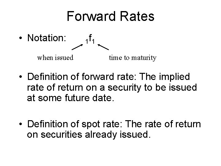 Forward Rates • Notation: when issued 1 f 1 time to maturity • Definition