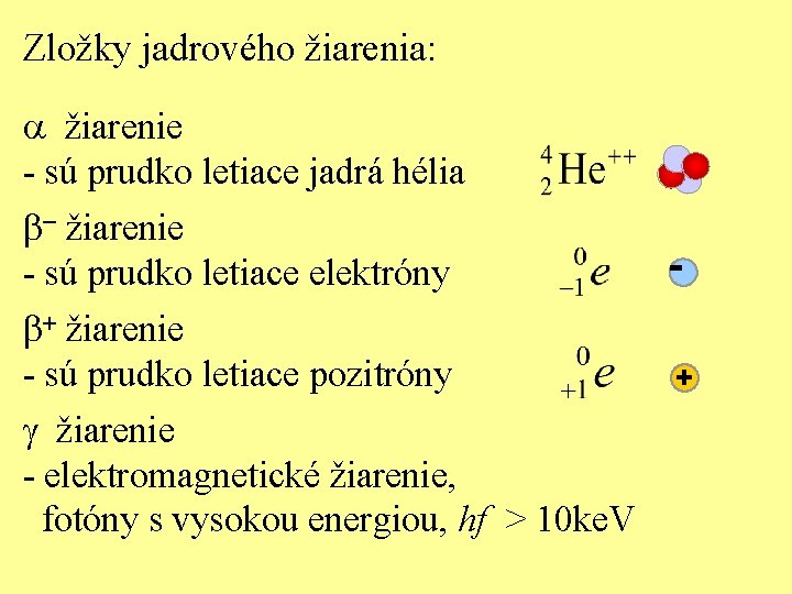 Zložky jadrového žiarenia: + a žiarenie - sú prudko letiace jadrá hélia b- žiarenie