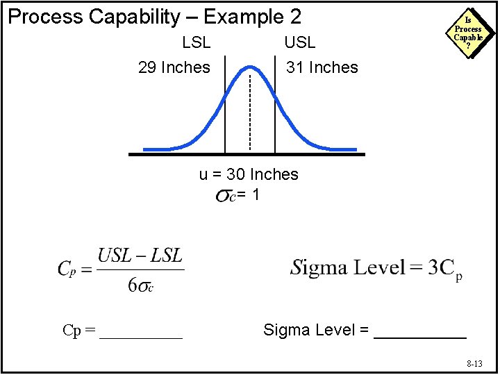 Process Capability – Example 2 LSL 29 Inches USL 31 Inches Is Process Capable