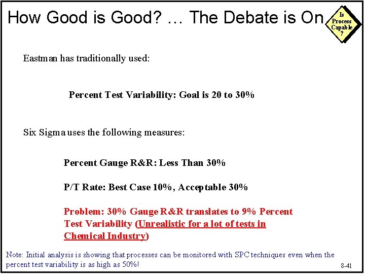 How Good is Good? … The Debate is On Is Process Capable ? Eastman