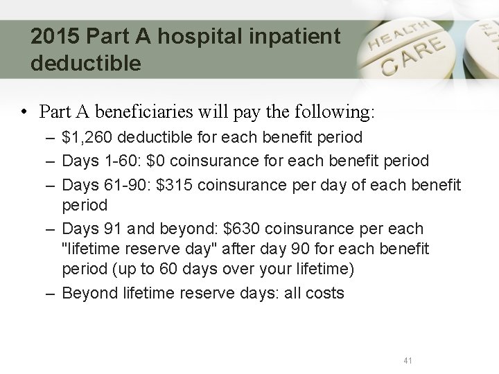 2015 Part A hospital inpatient deductible • Part A beneficiaries will pay the following: